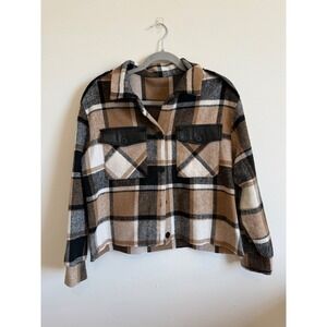 Womens Plaid Cropped Shacket Brown Black White Faux Leather Trim Button Front
